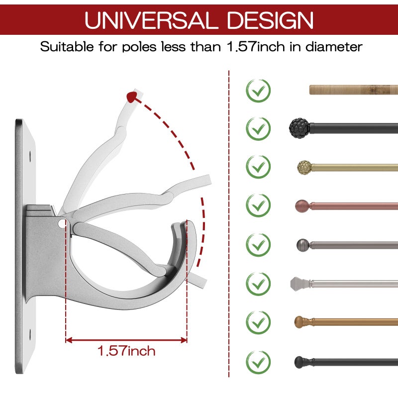CIEMGNZOC 4PCS No Drill Curtain Rod Brackets  Self-Adhesive Curtain Rods No Drilling  Nail Free Adjustable Curtain Rod Holders  Curtain Hooks for Rod Less Than 1.57 Inch Diameter (Silver) - Image 2